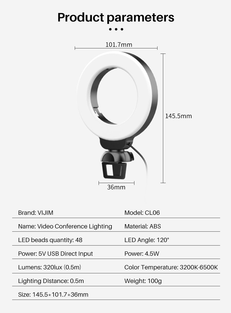 Zoom /Teams Video Ring Light For Tablet/Laptop/Webcam